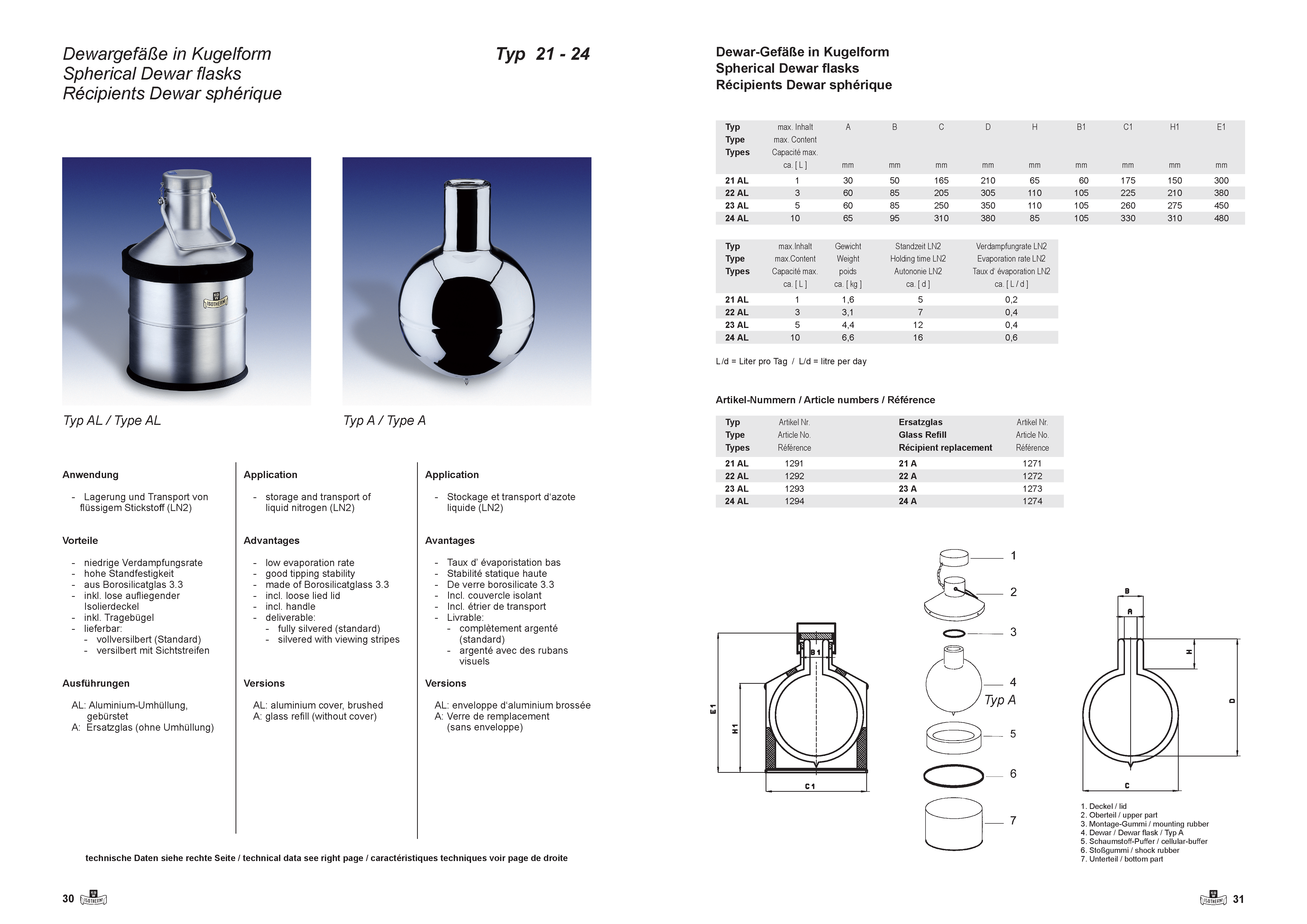 KGW Isotherm Aluminium Brushed Spherical Dewar Flasks